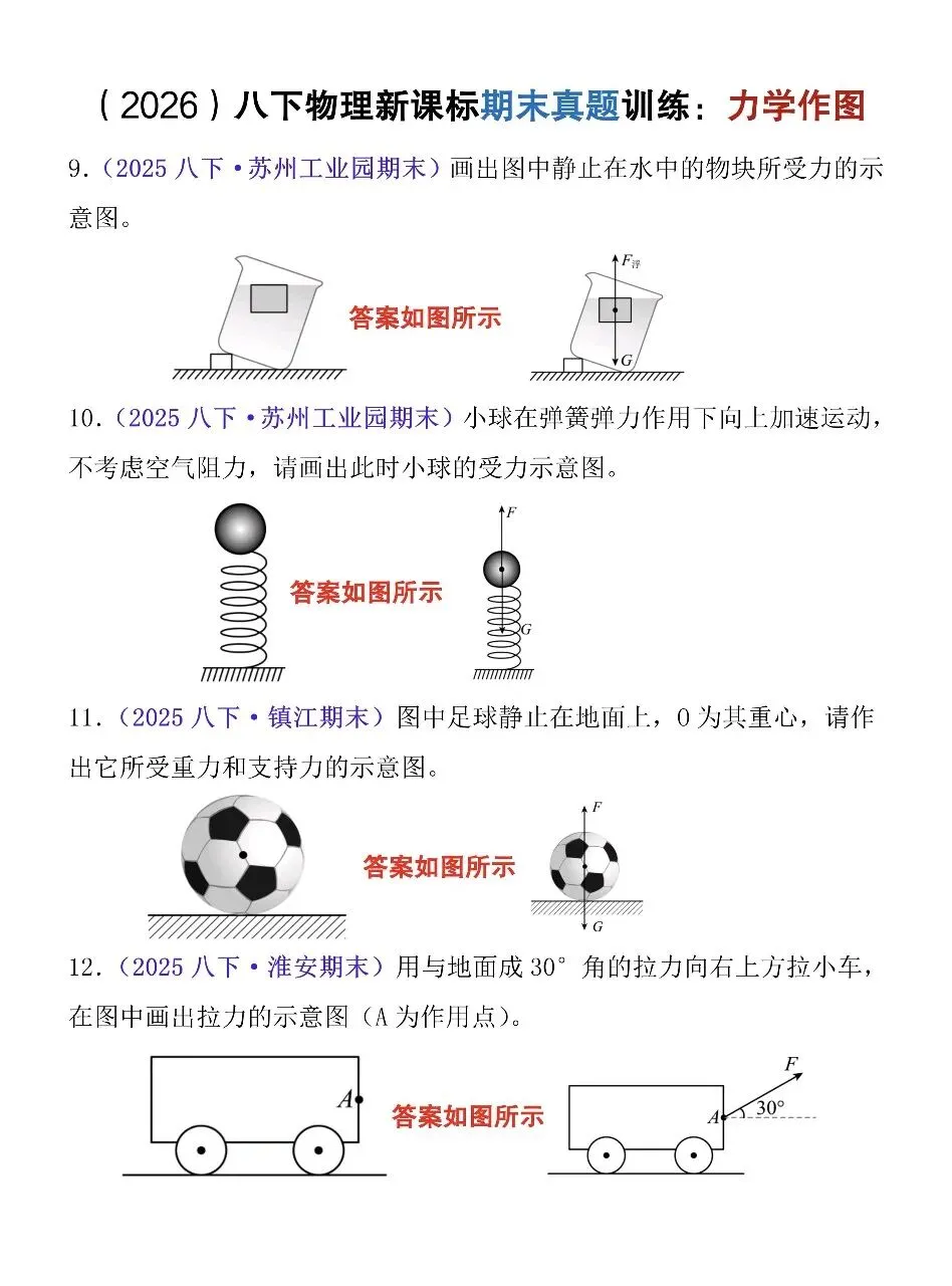2026八年级下册物理力学作图期末真题训练33题,抓紧练!-第8张图片-四季读书网