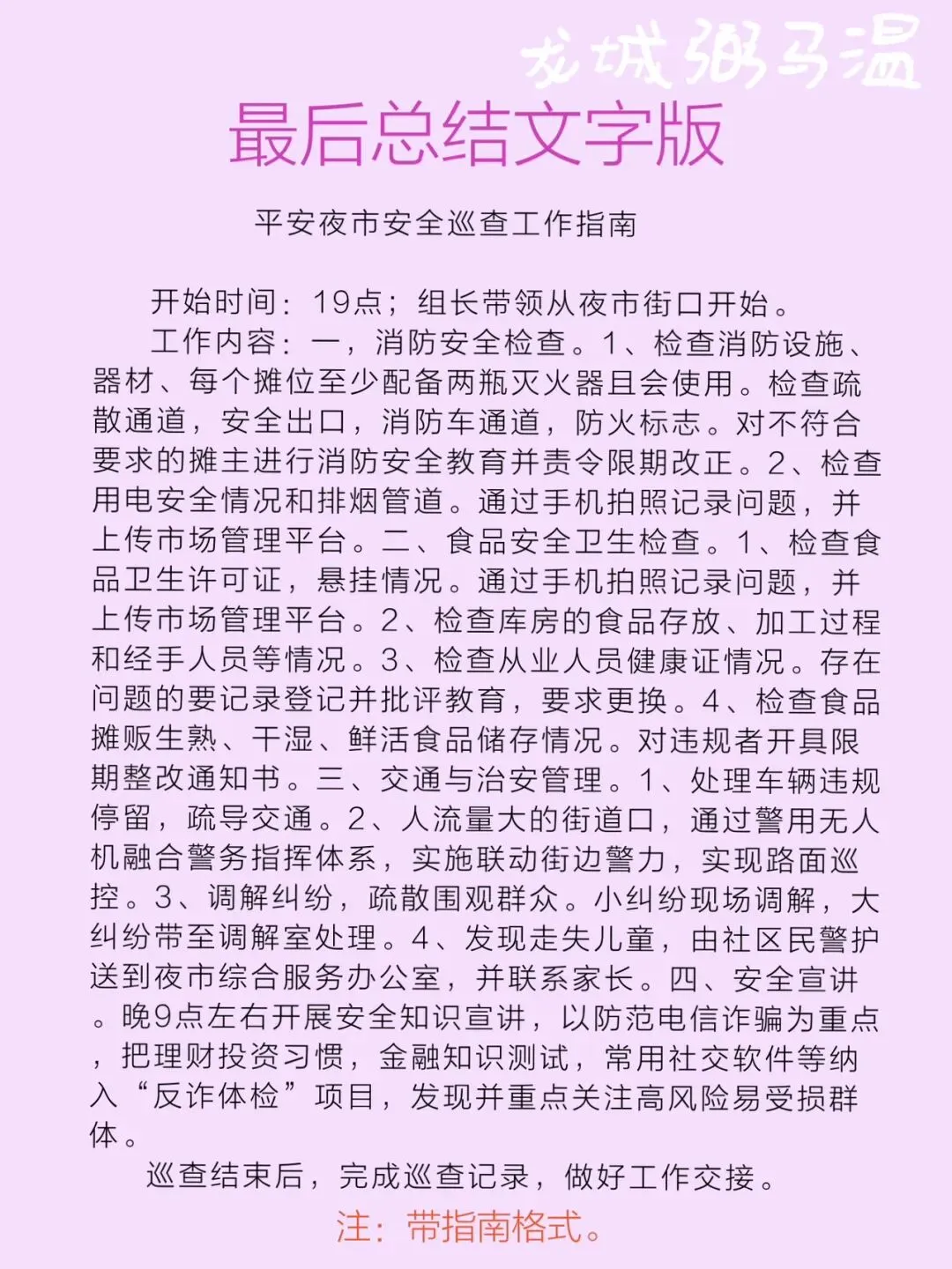 申论真题实操训练 公文题 系列3(2)编写一份“平安夜市安全巡查工作指南”,请你草拟该指南中的工作事项及其相应工作内容.-第9张图片-四季读书网