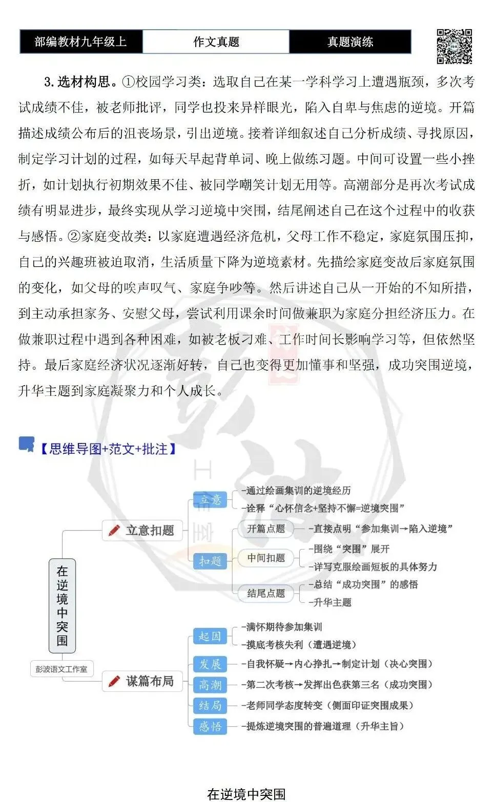 【作文-真题演练】九年级上-01-在逆境中突围-思维导图+解析+范文批注指导-第6张图片-四季读书网