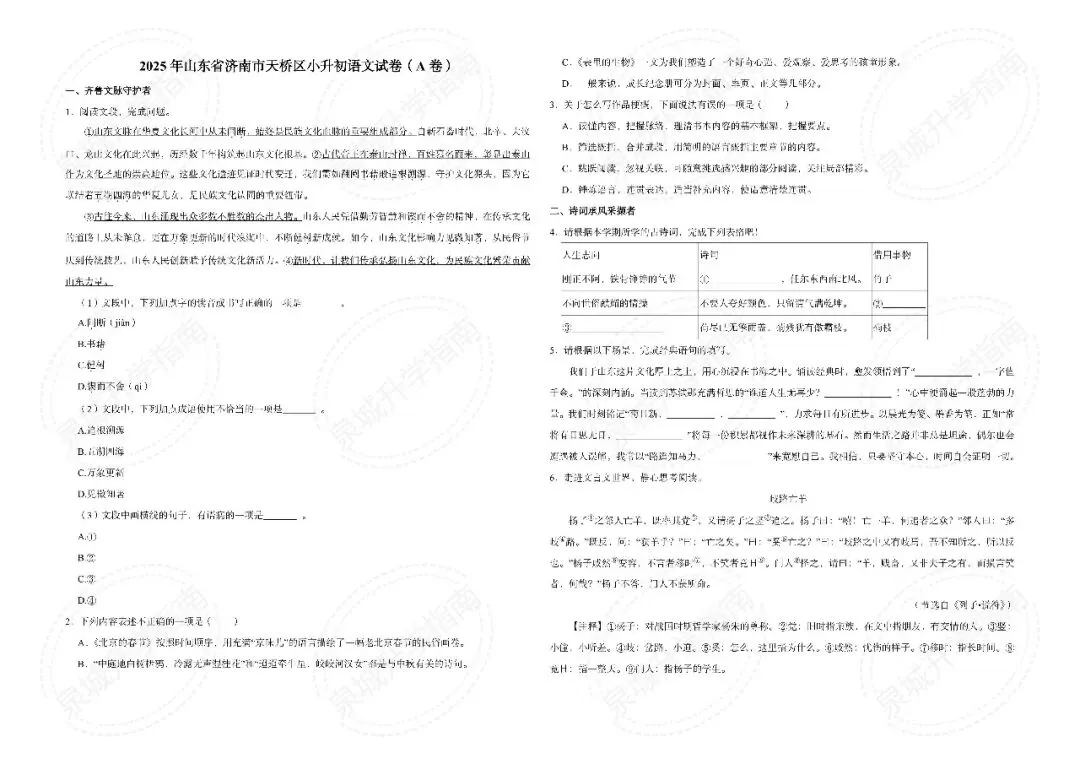 【济南小升初】2025 六年级语文期末真题-第4张图片-四季读书网