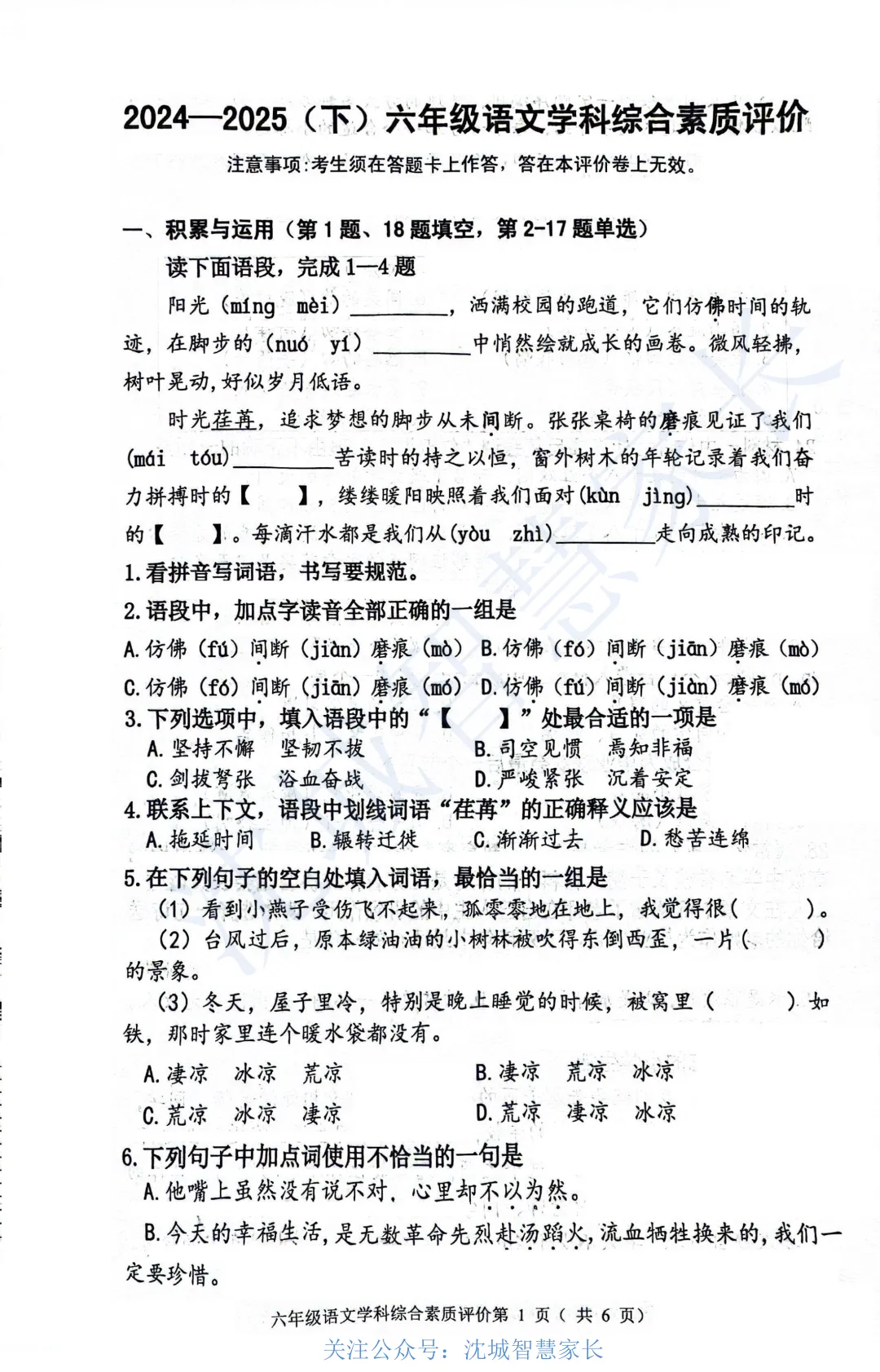 2024-2025沈阳六年级下学期期末试卷汇总-第5张图片-四季读书网