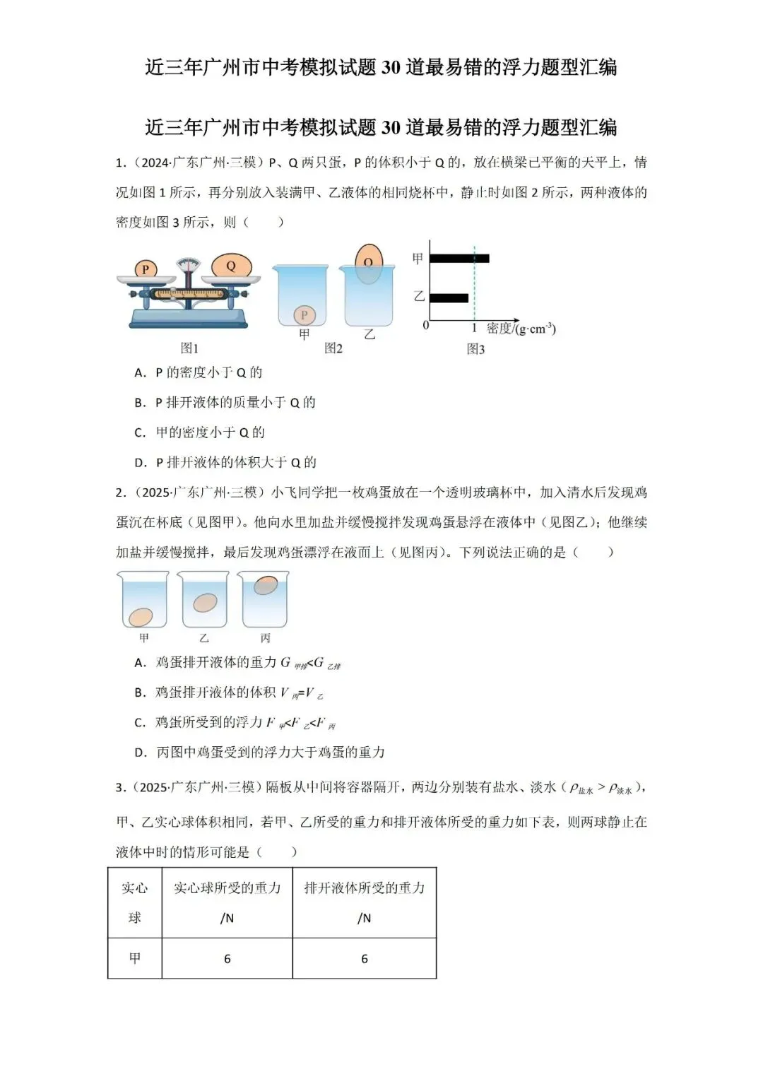 近三年广州市中考模拟试题30道最易错的浮力题型汇编-第3张图片-四季读书网
