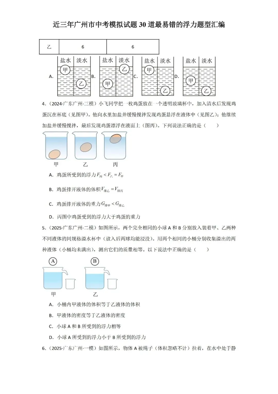 近三年广州市中考模拟试题30道最易错的浮力题型汇编-第4张图片-四季读书网