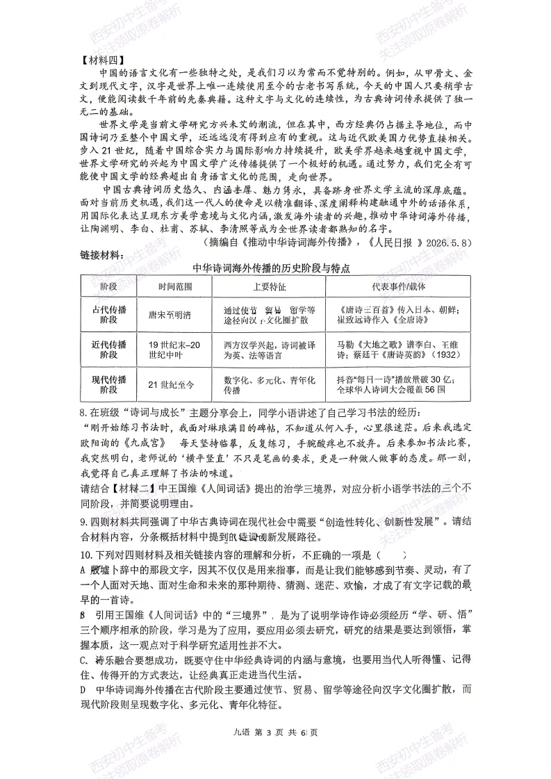 名校模考含答案!西安2026中考模拟:【铁一中学】九年级七模考试【语文】免费下载-第9张图片-四季读书网