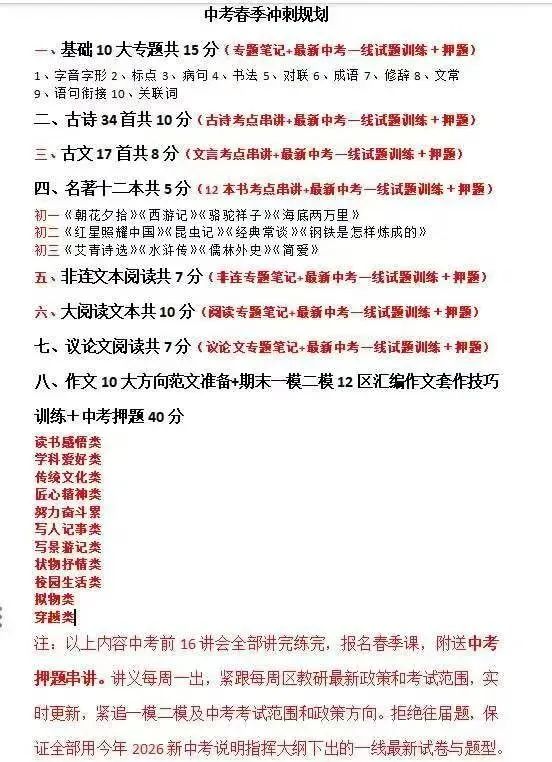 中考语文四大模块拆分授课:字词基础、文言古诗文、现代文大题、考场作文逐个梳理-第3张图片-四季读书网