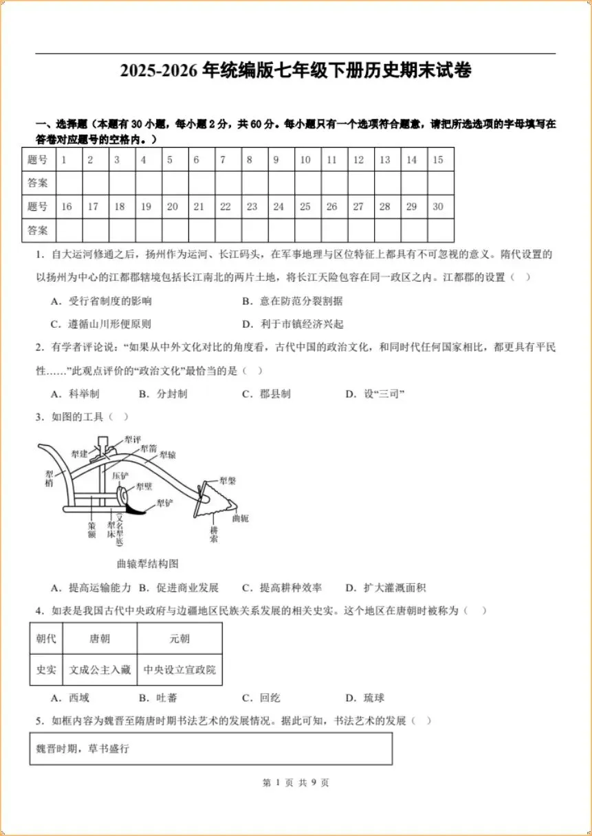 期末冲刺|2026年七下历史期末试卷(电子版可打印)-第1张图片-四季读书网