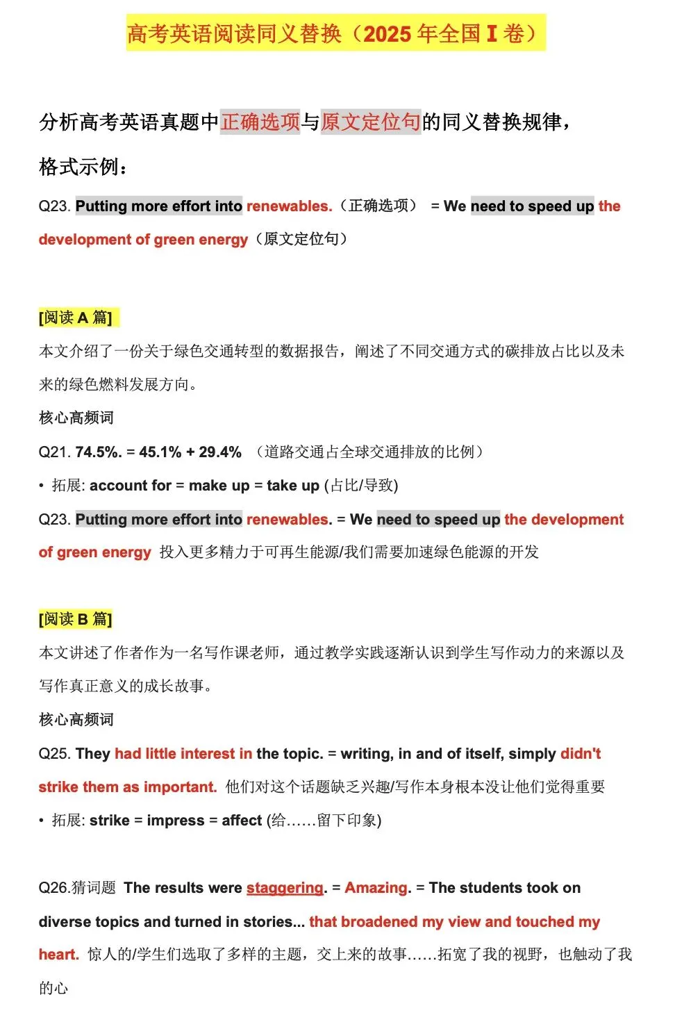 高考英语真题中的同义替换规律(全国I卷为例)-第1张图片-四季读书网