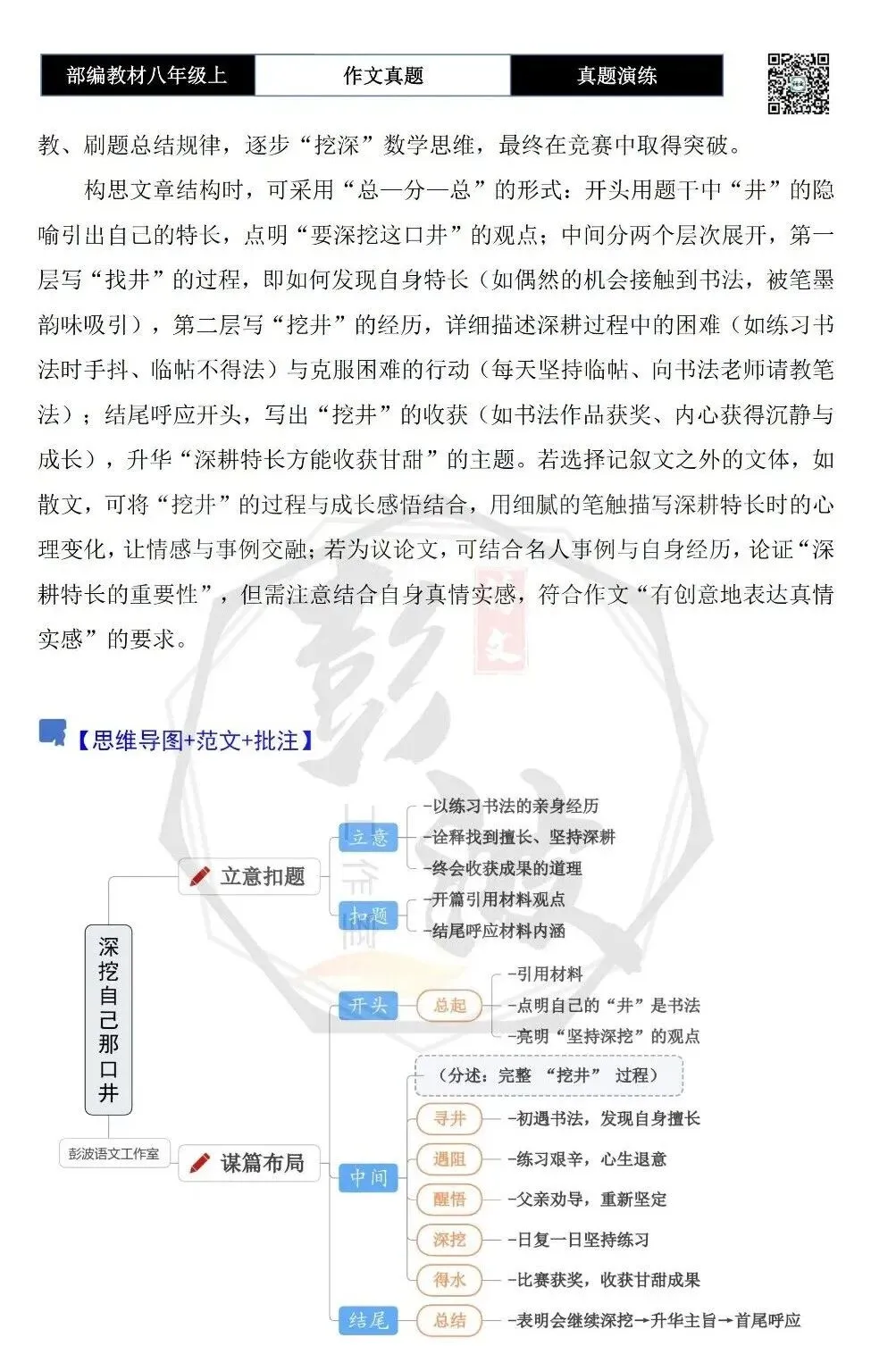 【作文-真题演练】八年级上-01-深挖自己那口井-思维导图+解析+范文批注指导-第6张图片-四季读书网