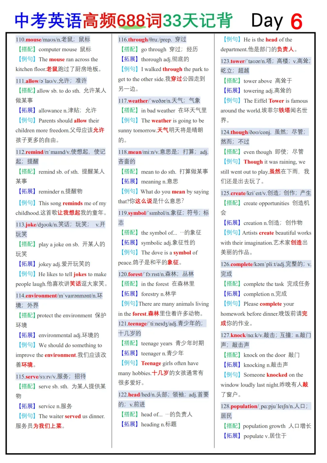 中考英语688个核心高频词33天背记表-第6张图片-四季读书网
