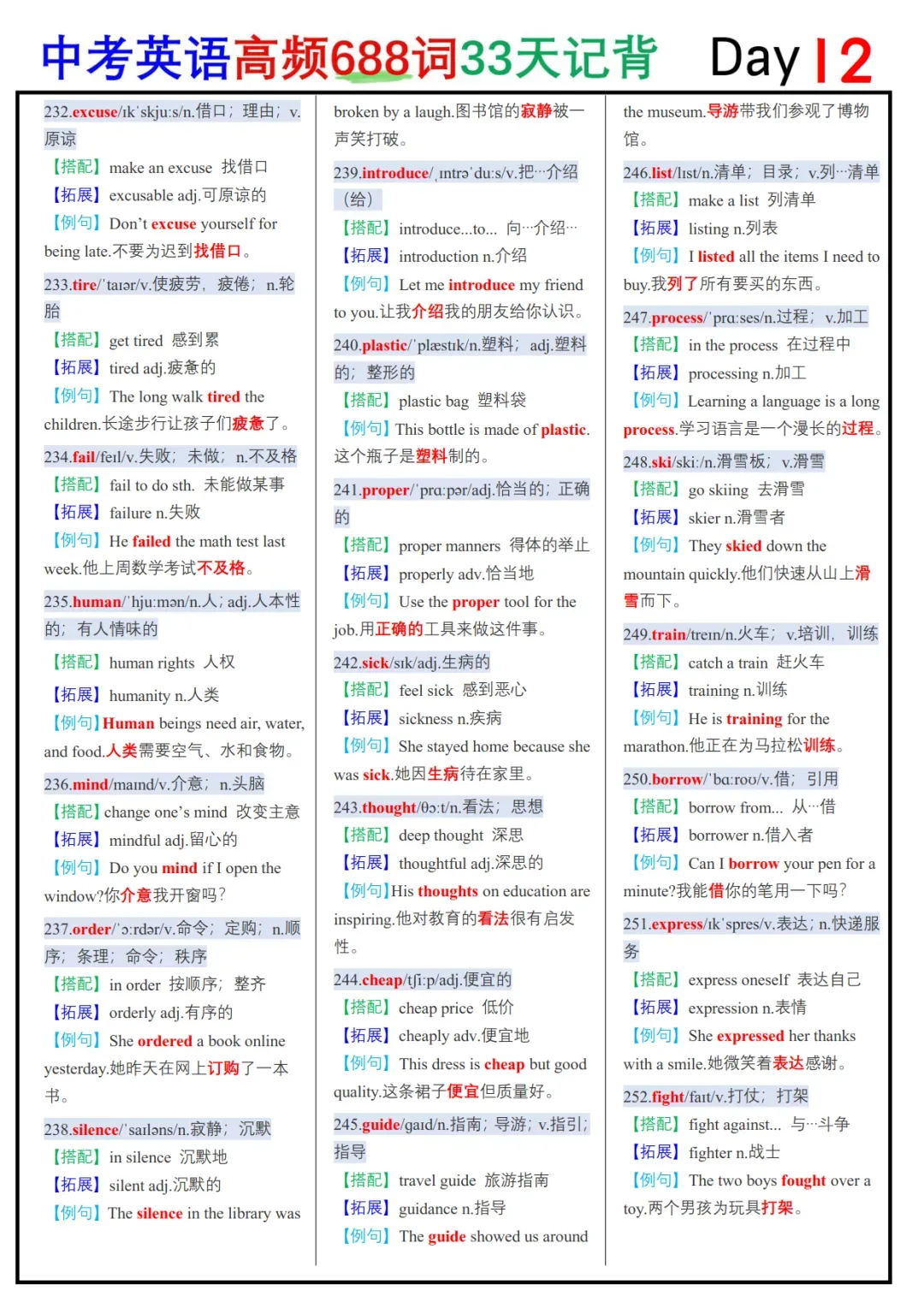 中考英语688个核心高频词33天背记表-第12张图片-四季读书网
