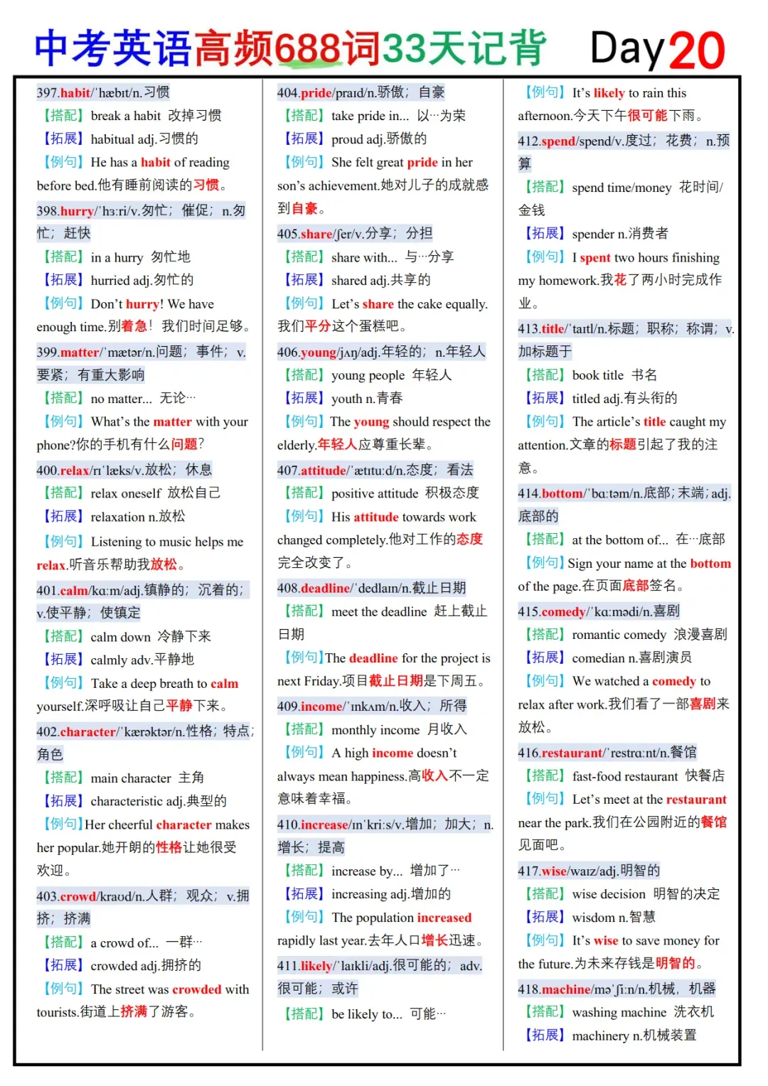 中考英语688个核心高频词33天背记表-第20张图片-四季读书网