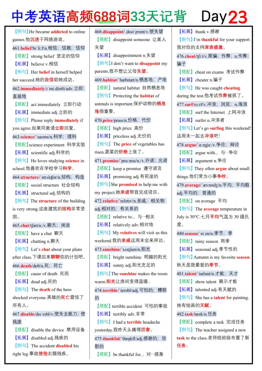 中考英语688个核心高频词33天背记表-第23张图片-四季读书网