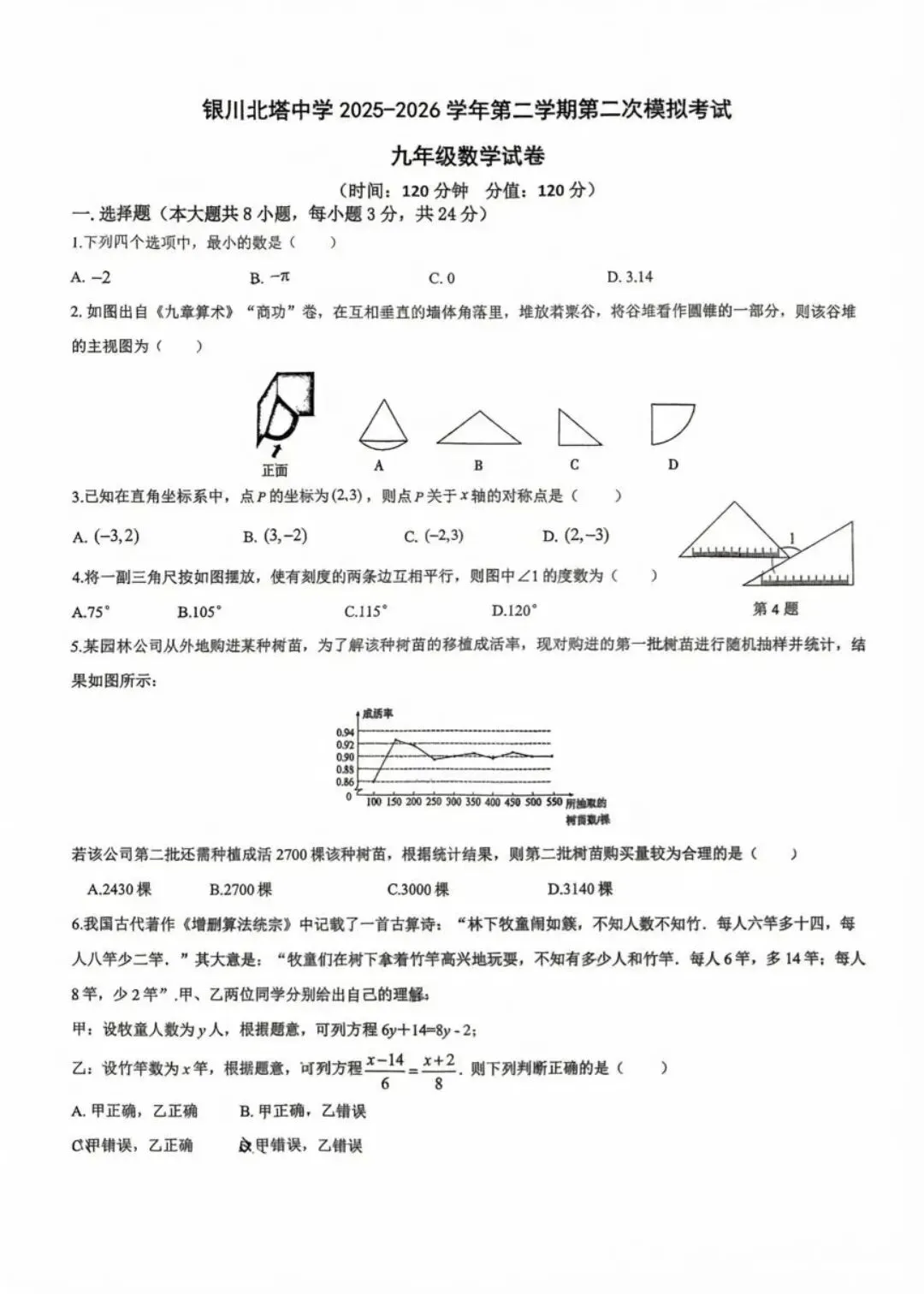 银川2026年7校中考数学2模真题试卷集锦-第1张图片-四季读书网