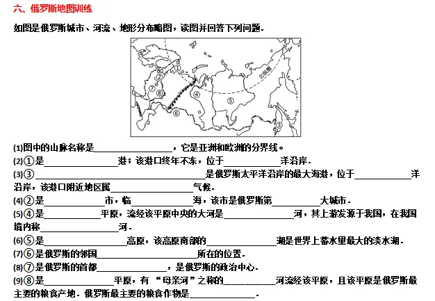 【中考地理】初中地理地图填图训练 世界地理(二)七年级下册 六、俄罗斯地图训练-第2张图片-四季读书网