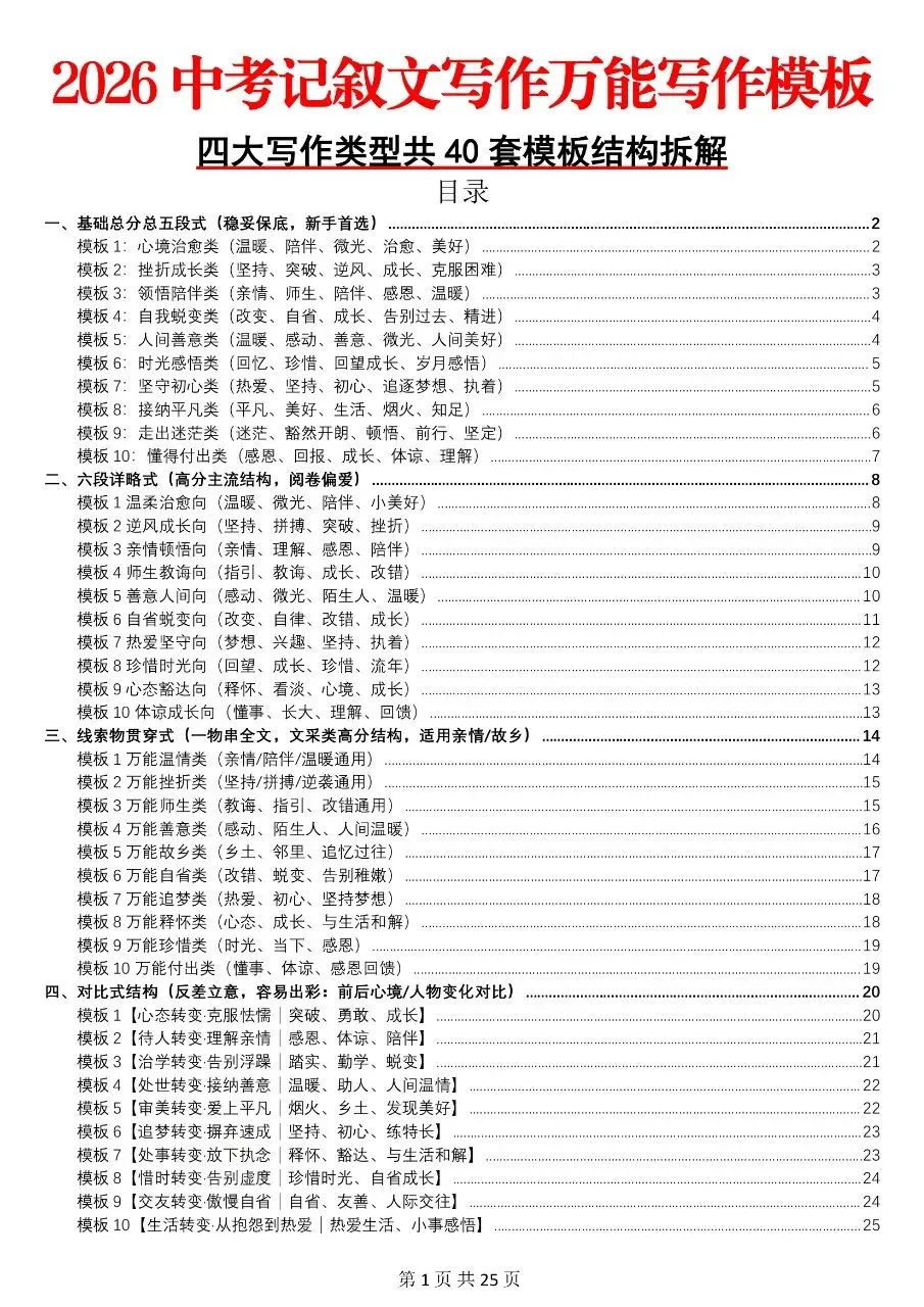 2026中考语文记叙文写作模板大全,可以打印出来背诵!-第1张图片-四季读书网