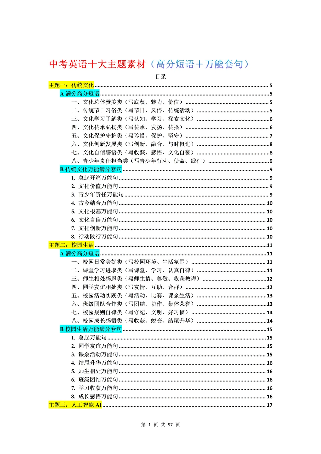 中考英语十大主题素材(高分短语+万能套句)-第1张图片-四季读书网