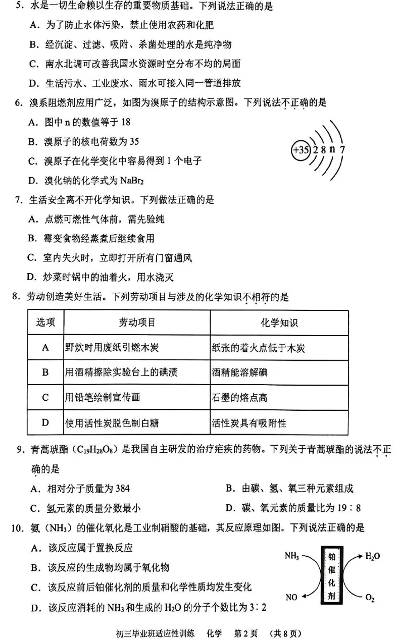 山东省2026中考化学适应性训练试卷(答案)-第2张图片-四季读书网