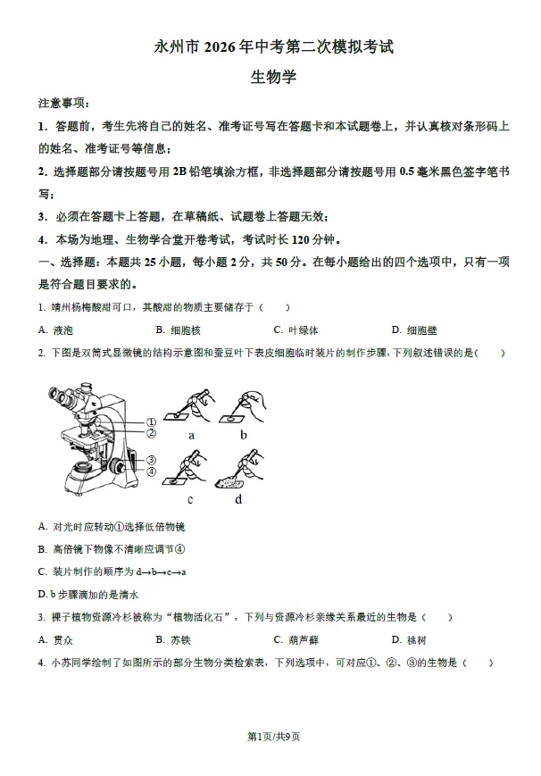 2026年湖南永州市中考第二次模拟考试语文数学英语物理化学道法历史生物地理试卷(含解析版)-第8张图片-四季读书网