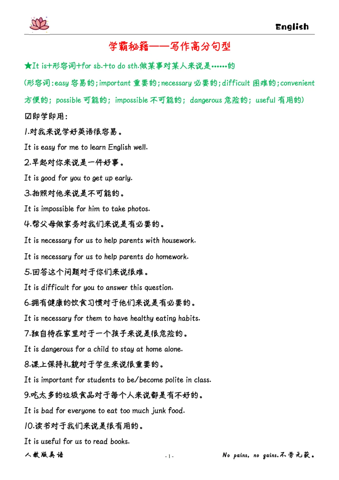 中考英语:写作高分句型梳理(背诵+检测)-第1张图片-四季读书网 中考英语:写作高分句型梳理(背诵+检测)-第1张图片-四季读书网