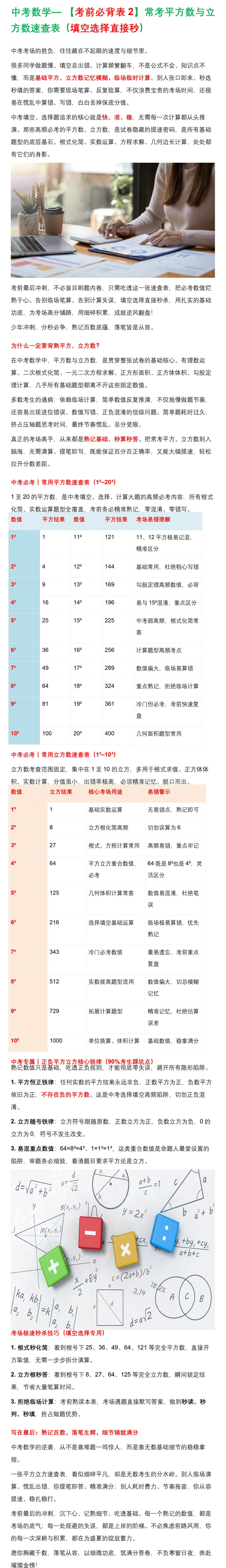 中考数学— 【考前必背表2】常考平方数与立方数速查表(填空选择直接秒)-第1张图片-四季读书网