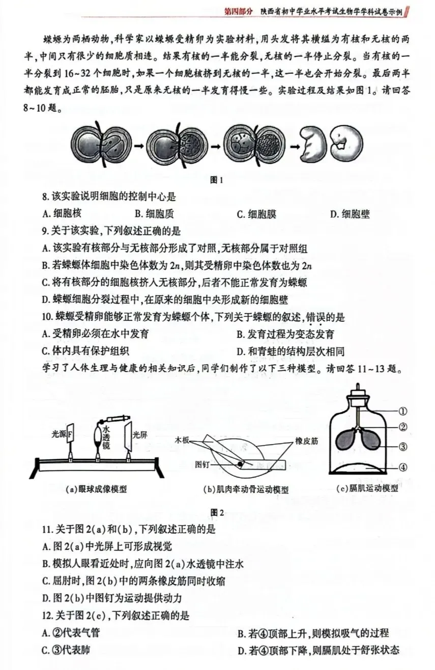 陕西省初中学业水平考试生物学科试卷示例(一)(二)(三)及答案分享-第9张图片-四季读书网