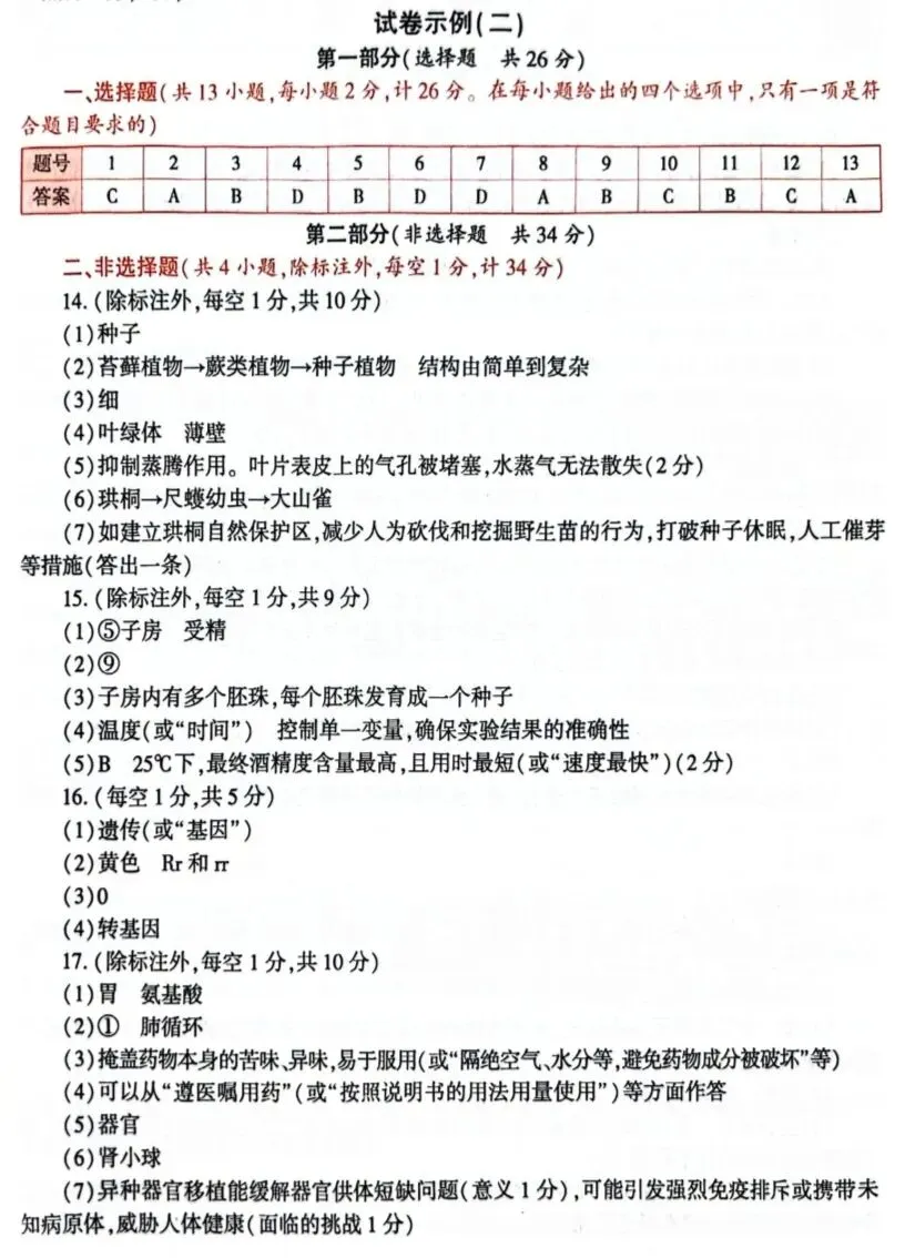 陕西省初中学业水平考试生物学科试卷示例(一)(二)(三)及答案分享-第14张图片-四季读书网