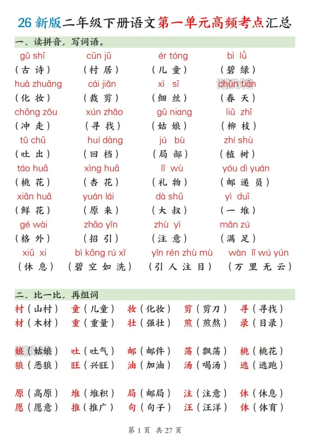 【海豚试卷】26新版二年级(下)语文1-8单元高频考点汇总(高清可下载)-第3张图片-四季读书网 【海豚试卷】26新版二年级(下)语文1-8单元高频考点汇总(高清可下载)-第3张图片-四季读书网