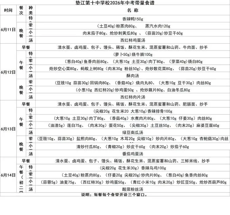【食在十中】垫江十中2026年中考 食谱(2026.6.11-6.14)-第5张图片-四季读书网