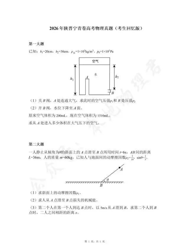 2026年陕晋宁青卷高考物理真题(考生回忆版)-第1张图片-四季读书网
