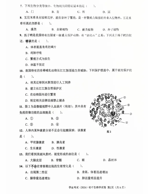 【八年级会考】26上海初中生物会考真题卷+答案-第5张图片-四季读书网 【八年级会考】26上海初中生物会考真题卷+答案-第5张图片-四季读书网