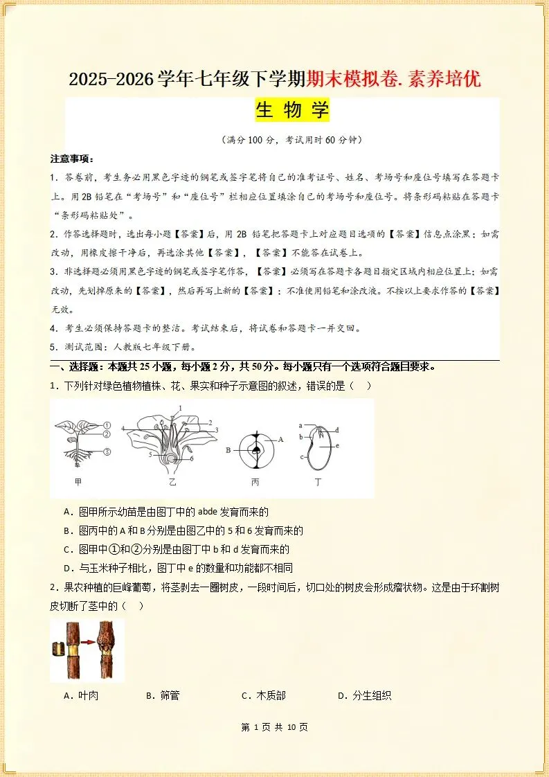 【期末试卷】2025-2026学年七下生物期末模拟卷.素质培优,含答案,可打印-第2张图片-四季读书网 【期末试卷】2025-2026学年七下生物期末模拟卷.素质培优,含答案,可打印-第2张图片-四季读书网