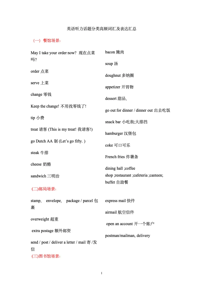 中考英语听力场景专项词汇-第1张图片-四季读书网