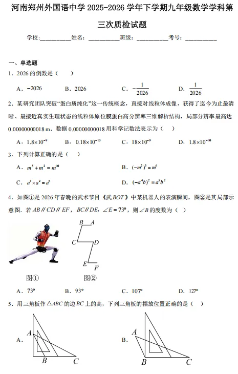 河南中考冲刺|省实验最后一模+郑外三模数学卷(含答案解析)-第3张图片-四季读书网