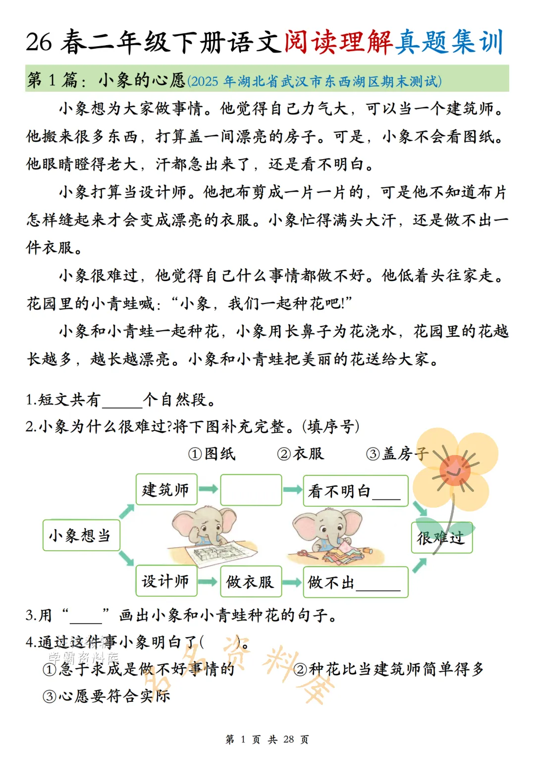 26年春《二年级下册语文阅读理解真题集训》高频考点,高清电子版可用-第3张图片-四季读书网