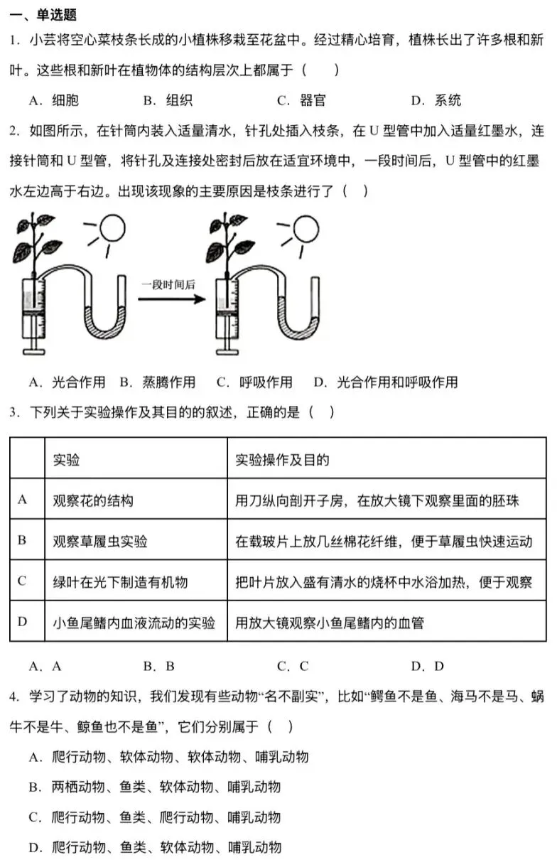 模拟试卷:2026年中考生物模拟试卷|参考答案-第2张图片-四季读书网