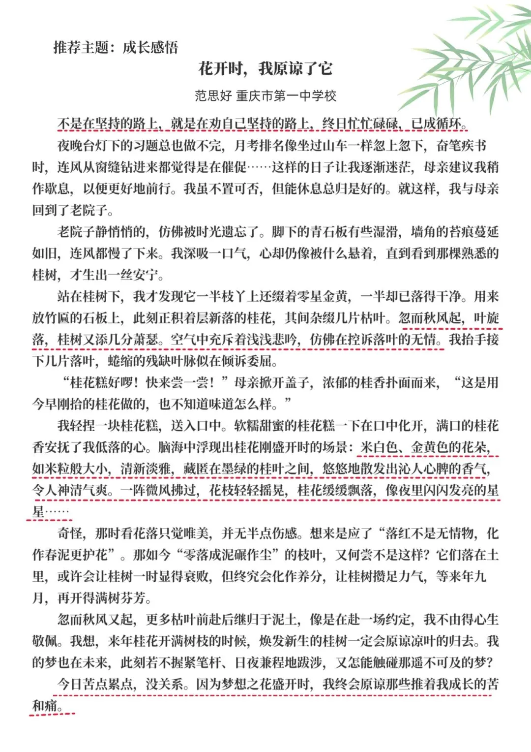 中考满分作文|成长感悟主题佳作《花开时,我原谅了它》(附:考场得分拆解+仿写金句)-第2张图片-四季读书网