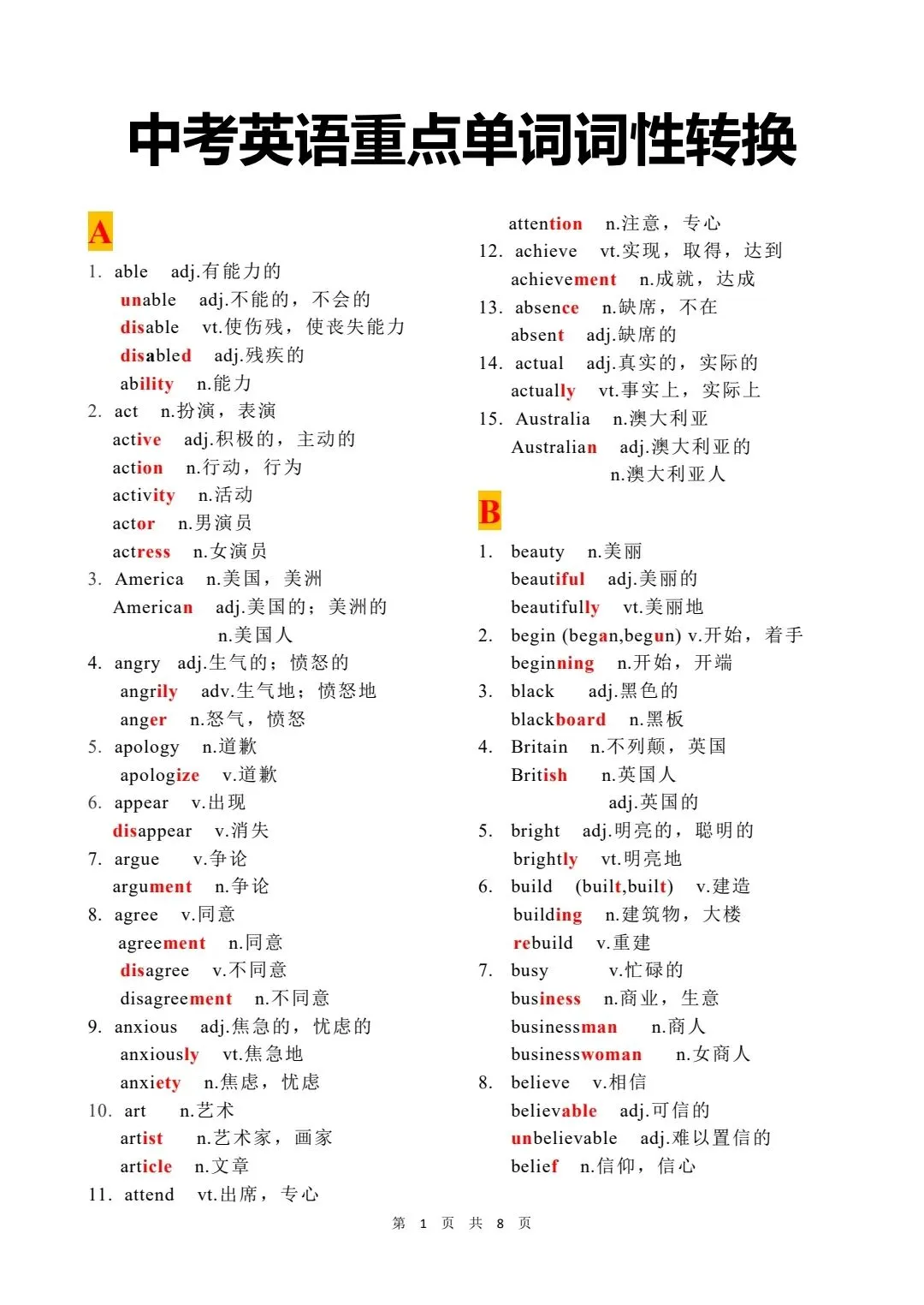 中考英语重点单词词性转换-第1张图片-四季读书网