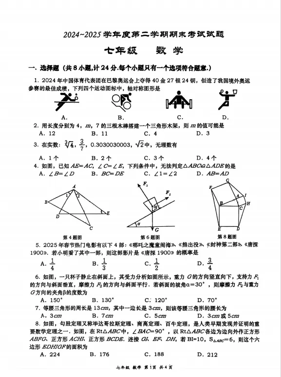 25年西安七下期末试卷 名校+各区期末试卷套 可下载打印-第5张图片-四季读书网