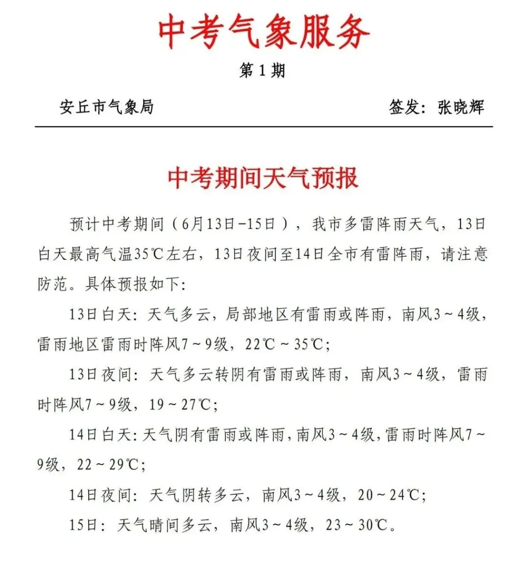 多雷阵雨天气 !安丘发布中考期间天气预报→-第3张图片-四季读书网