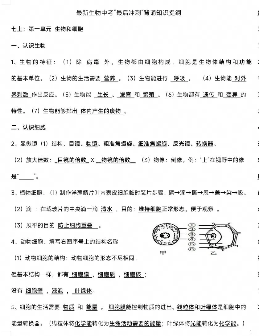 最新生物中考复习“最后冲刺背诵”基础知识提纲答案划线版+挖空默写版 共8页word文档 只要4张8开纸双面 可直接打印-第2张图片-四季读书网