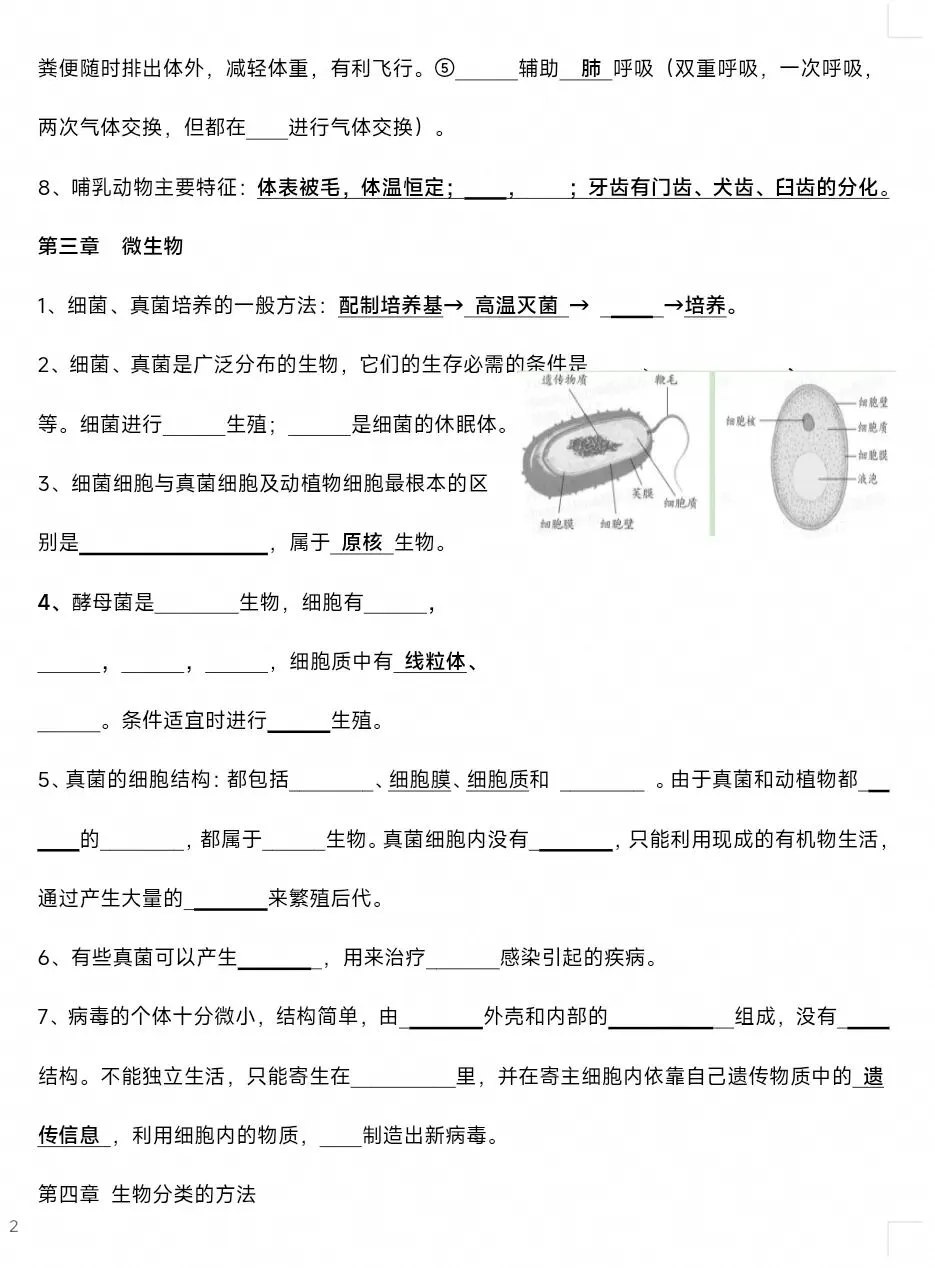 最新生物中考复习“最后冲刺背诵”基础知识提纲答案划线版+挖空默写版 共8页word文档 只要4张8开纸双面 可直接打印-第11张图片-四季读书网