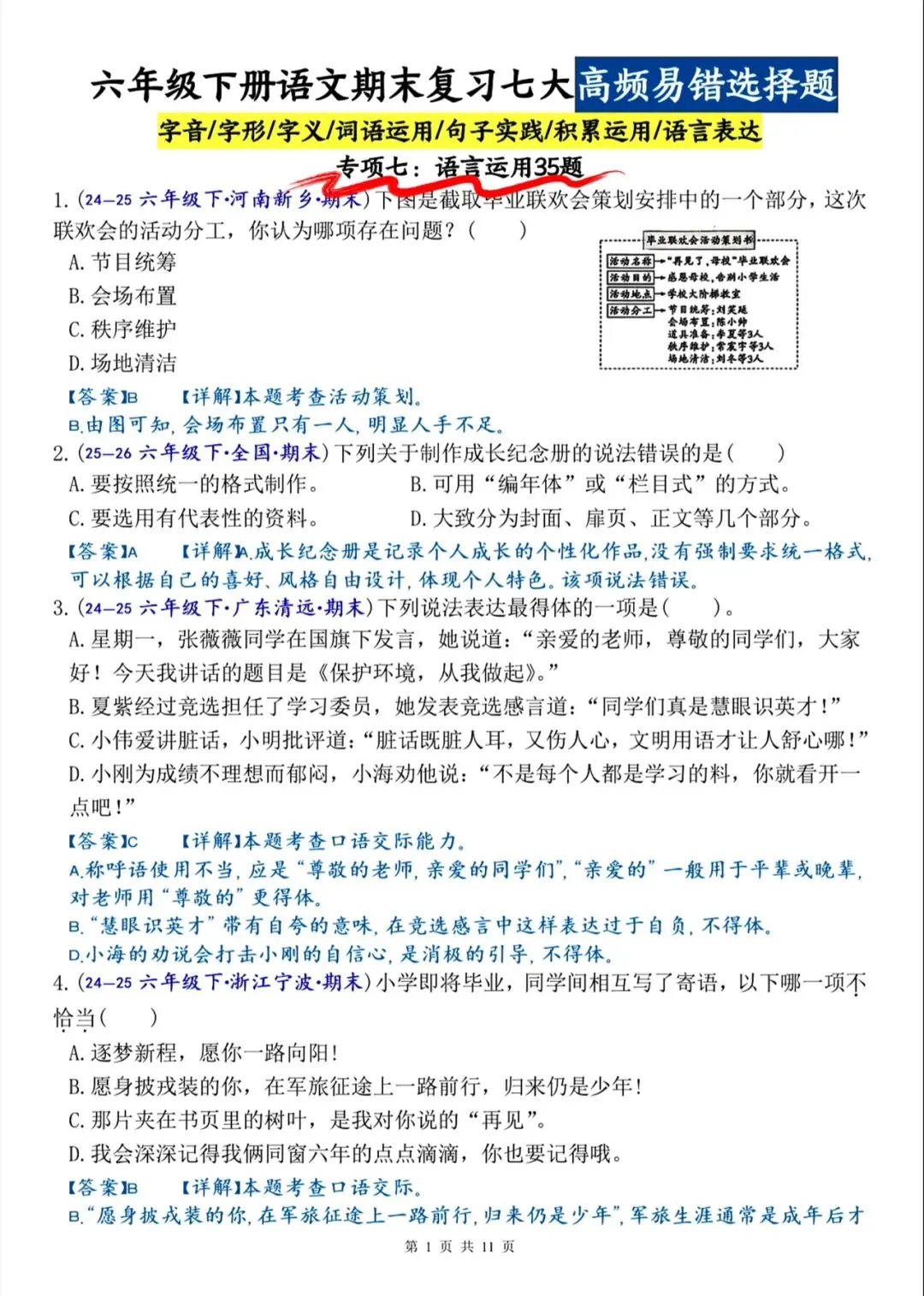 六下语文期末(七大专项名校真题)高频易错题-第8张图片-四季读书网
