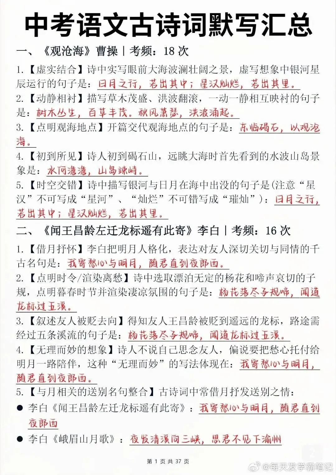 中考语文古文默写常考题-第1张图片-四季读书网
