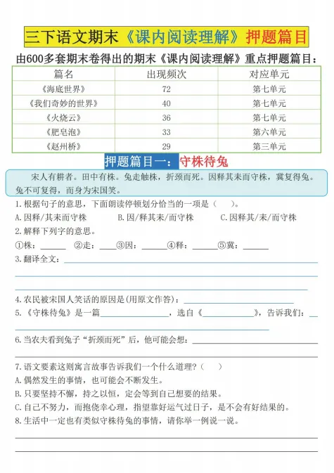 三下语文期末课内阅读押题篇目|历年真题高频汇总,考前精准突击-第1张图片-四季读书网 三下语文期末课内阅读押题篇目|历年真题高频汇总,考前精准突击-第1张图片-四季读书网