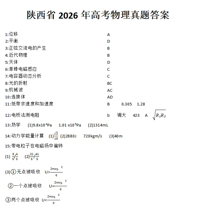 【物理】陕西高考物理真题+答案(持续更新中)-第1张图片-四季读书网
