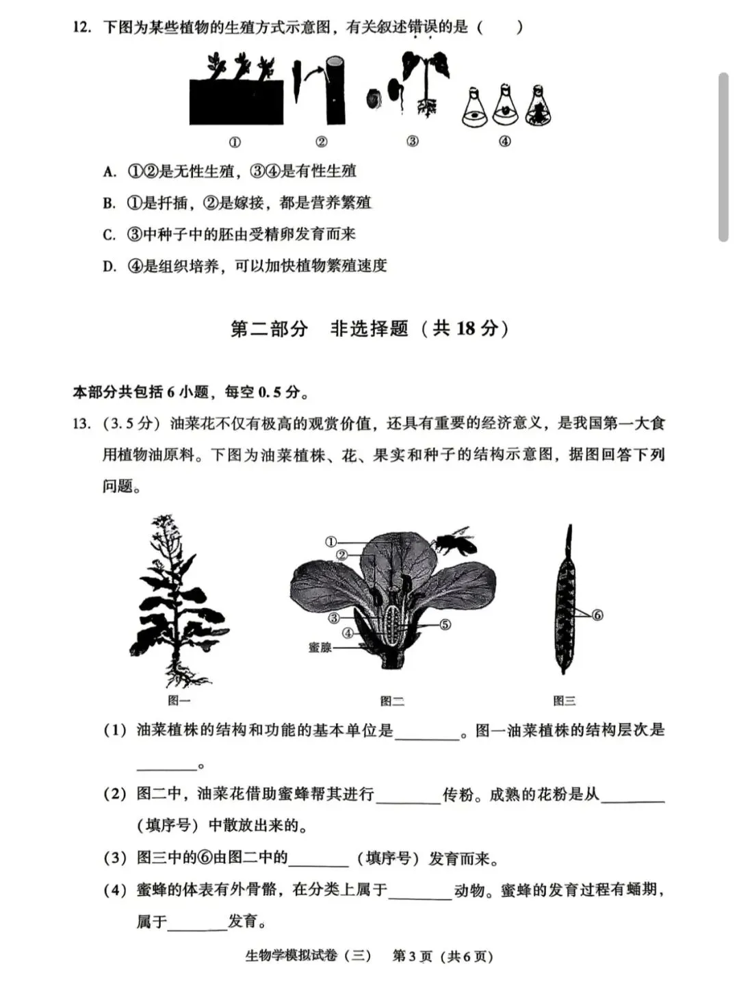 辽宁省初中学业水平考试生物模拟试卷(三)-第3张图片-四季读书网