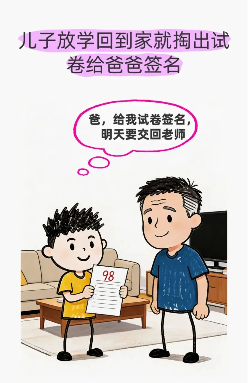 儿子拿着试卷找爸爸签名,爸爸检查完试卷后问:现在葡萄的葡字重新组词会了吗?儿子说:我想不到别的.爸爸尴尬地说:不差这两分,咱不要-第1张图片-四季读书网