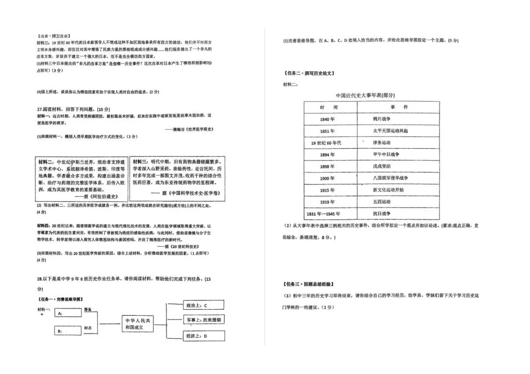 九台三十一中 初三模拟 历史试卷+答案【2026.6】-第2张图片-四季读书网