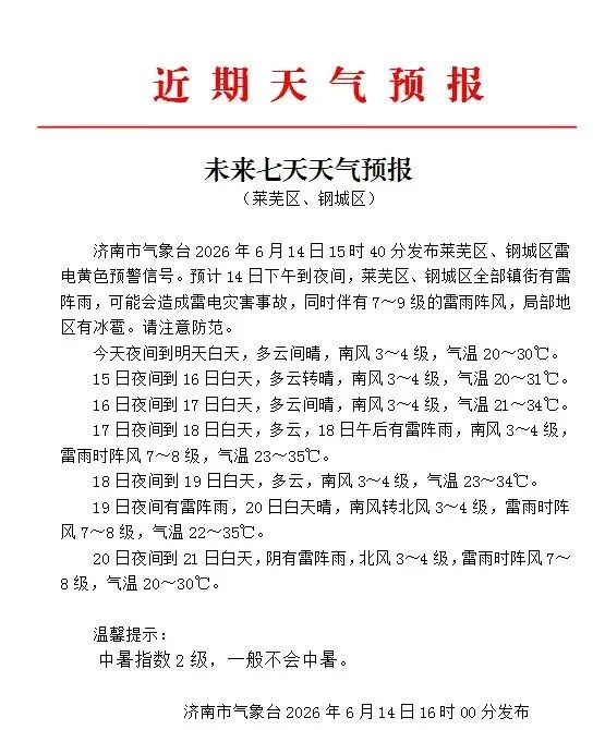 【中考天气】雷电黄色预警,未来七天天气预报(莱芜区、钢城区)-第4张图片-四季读书网