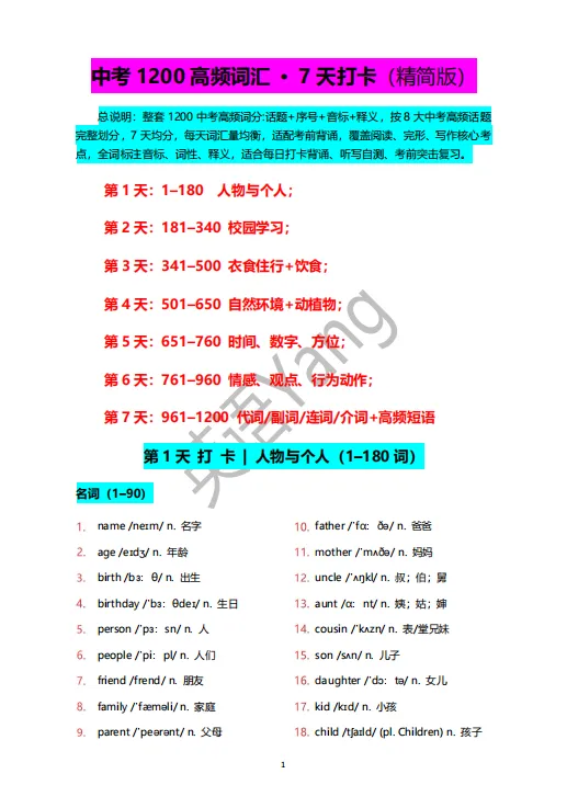 中考 1200 高频词汇 · 考前7 天打卡(精简版)-第1张图片-四季读书网
